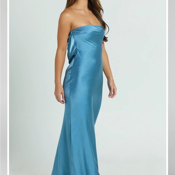 Showpo Strapless Satin Dress in Blue - Picture 3 of 4